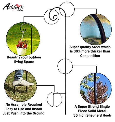 Ashman Shepherd Curled Hook (6 Pack), 35 Inch Tall 1/4 Inch Thick, Made of Premium Metal for Hanging Bird Feeders, Mason Jars, PlantHangers, Flower Basket, Christmas Lights, Lanterns, and Weddings