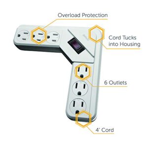 Woods 41378 L L-Shaped Power Strip with 6 Outlets Overload Safety Feature, 4 Foot Cord, White