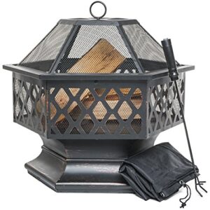 prisp outdoor fire pit for garden and patio, large hexagonal fire bowl, includes spark guard, poker and protective cover, black and bronze, 61 cm width, 65 cm high - foyer extrieur