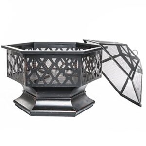 PRISP Outdoor Fire Pit for Garden and Patio, Large Hexagonal Fire Bowl, Includes Spark Guard, Poker and Protective Cover, Black and Bronze, 61 cm Width, 65 cm High - Foyer Extrieur