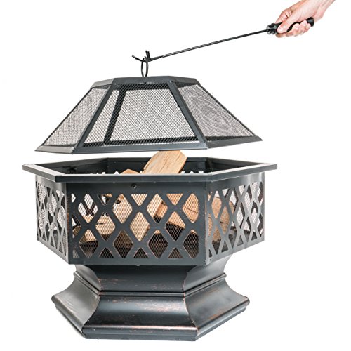 PRISP Outdoor Fire Pit for Garden and Patio, Large Hexagonal Fire Bowl, Includes Spark Guard, Poker and Protective Cover, Black and Bronze, 61 cm Width, 65 cm High - Foyer Extrieur