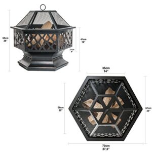 PRISP Outdoor Fire Pit for Garden and Patio, Large Hexagonal Fire Bowl, Includes Spark Guard, Poker and Protective Cover, Black and Bronze, 61 cm Width, 65 cm High - Foyer Extrieur