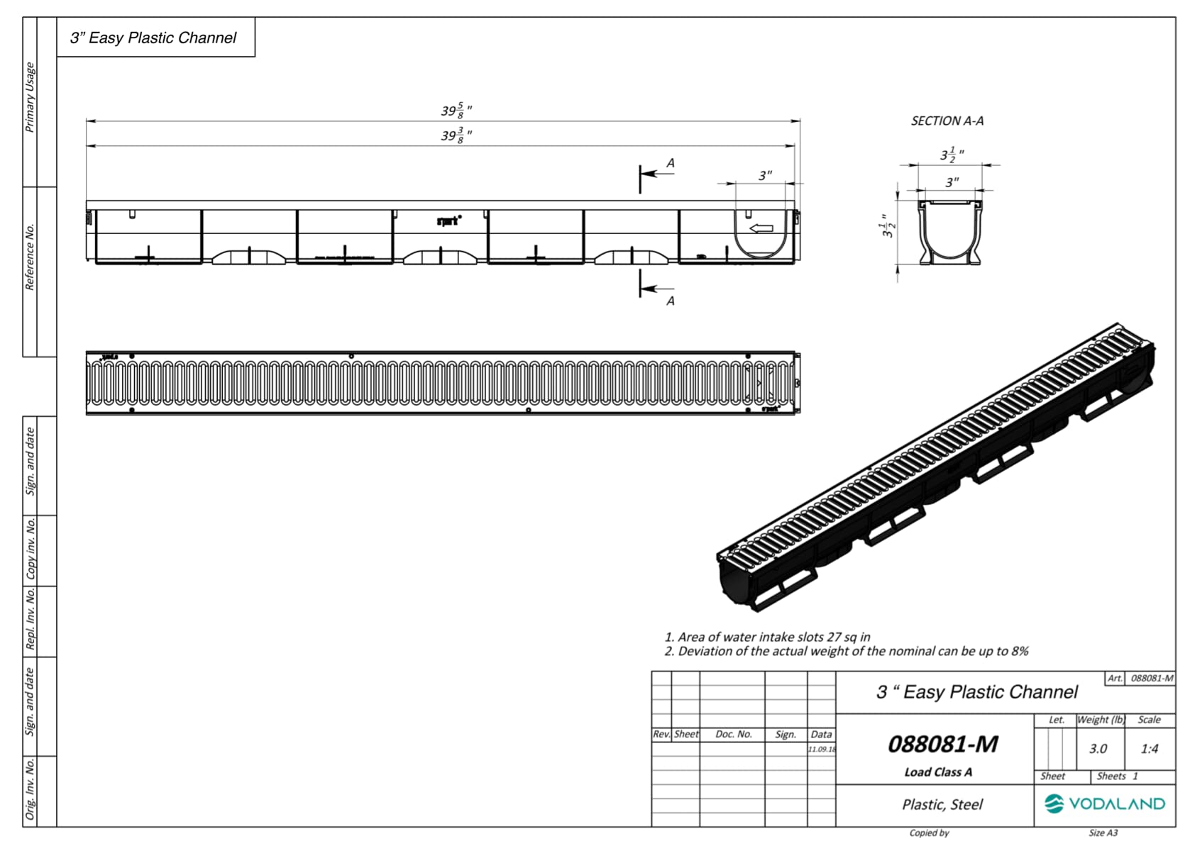 Vodaland - 3 Inch Easy 1 Premium Trench Drain Channel - Galvanized Stamped Steel Grating (5)