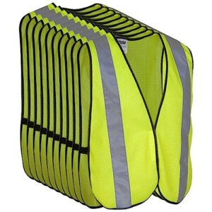 safety vest with high visibility - 2 inch reflective strips, bright neon yellow, breathable polyester mesh fabric, ansi isea class unrated, hi viz all day and night (10 pack - small-large)