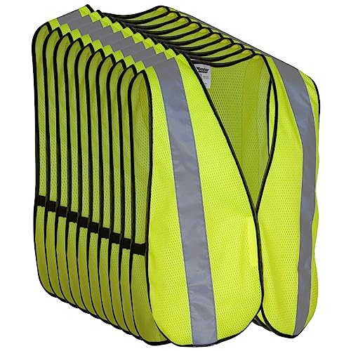 Safety Vest with High Visibility - 2 Inch Reflective Strips, Bright Neon Yellow, Breathable Polyester Mesh Fabric, ANSI ISEA Class Unrated, Hi Viz All Day and Night (10 Pack - Small-Large)