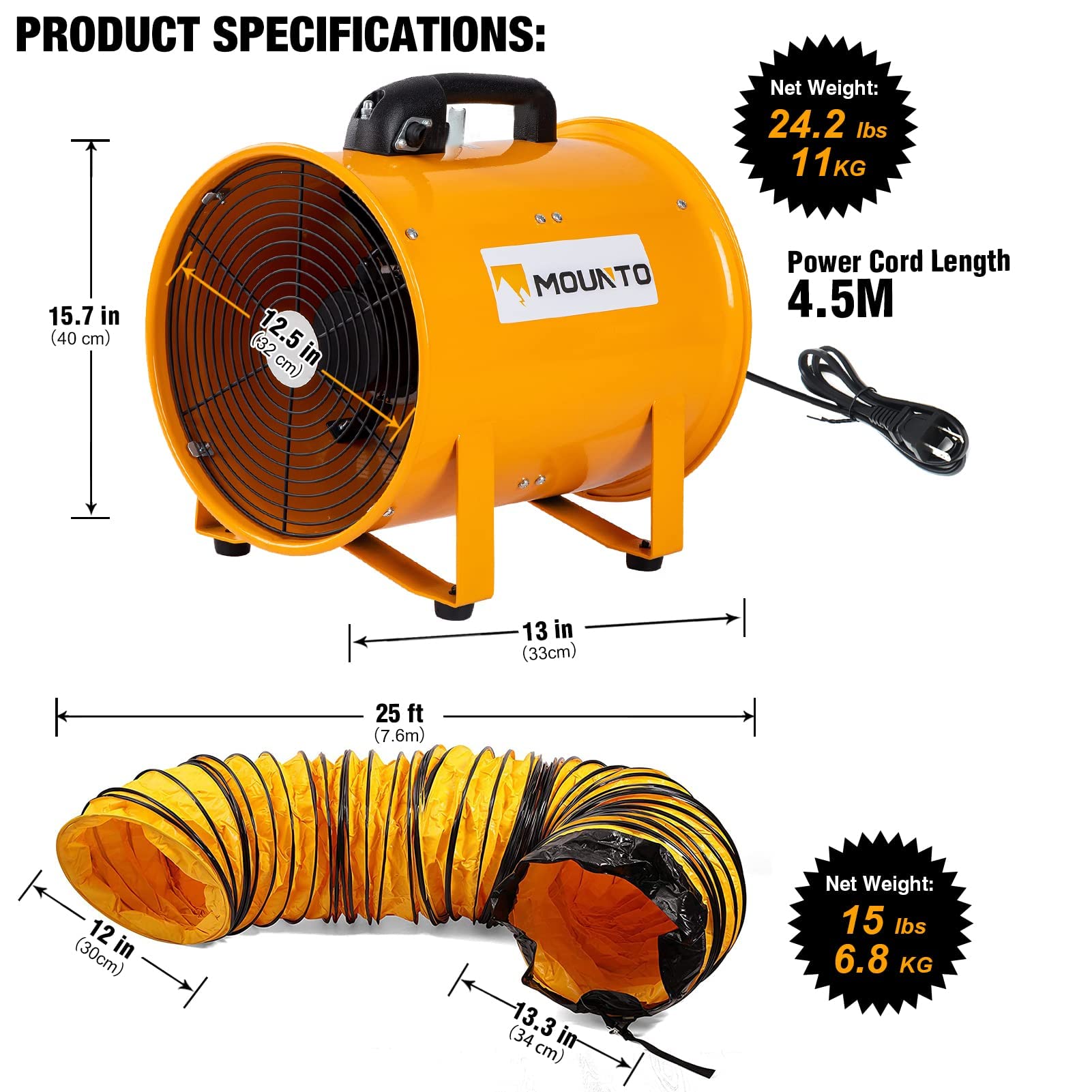 MOUNTO COMBO Heavy Duty Cylinder Fan with 25-foot Vinyl Hose (12inch)