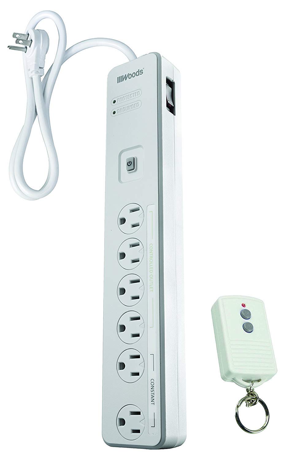 Woods 41715 Energy Saving Surge Protector Power Strip with 80 Range Remote Control Outlets 1080J of Protection 5 Foot Cord, White