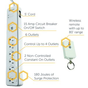 Woods 41715 Energy Saving Surge Protector Power Strip with 80 Range Remote Control Outlets 1080J of Protection 5 Foot Cord, White