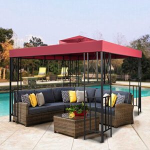 Flexzion 12' x 12' Gazebo Canopy Top Replacement Cover (Red) - Dual Tier Up Tent Accessory with Plain Edge Polyester UV30 Protection Water Resistant for Outdoor Patio Backyard Garden Lawn Sun Shade