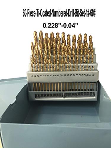 LLDSIMEX 60 Piece 1#-60# Titanium Nitride Coated Numbered Drill Bit Set High Speed Steel (0.228" - 0.040")