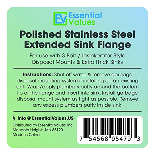 Essential Values Kitchen Extended Sink Flange, Deep Polished Stainless Steel Flange for Insinkerator Garbage Disposals and Other Disposers That Use A 3 Bolt Mount and A Thicker Sink