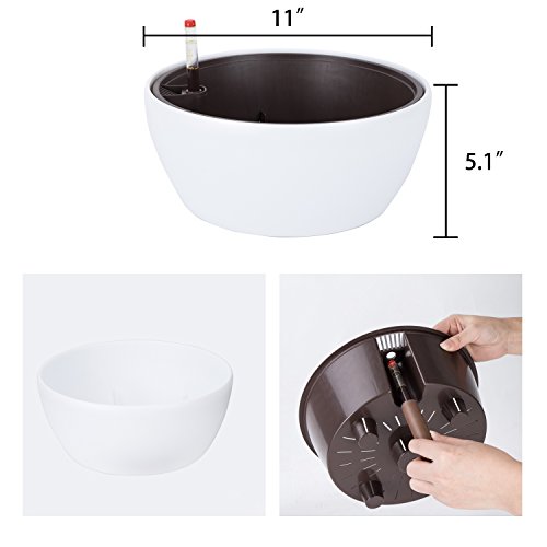 Vencer 11 Inch Plastic Round Self Watering Planter,Water Indicator,Modern Decorative Planter Pot for All House Plants Flowers, Herbs, Vegetables, Tropical,White,VF-048