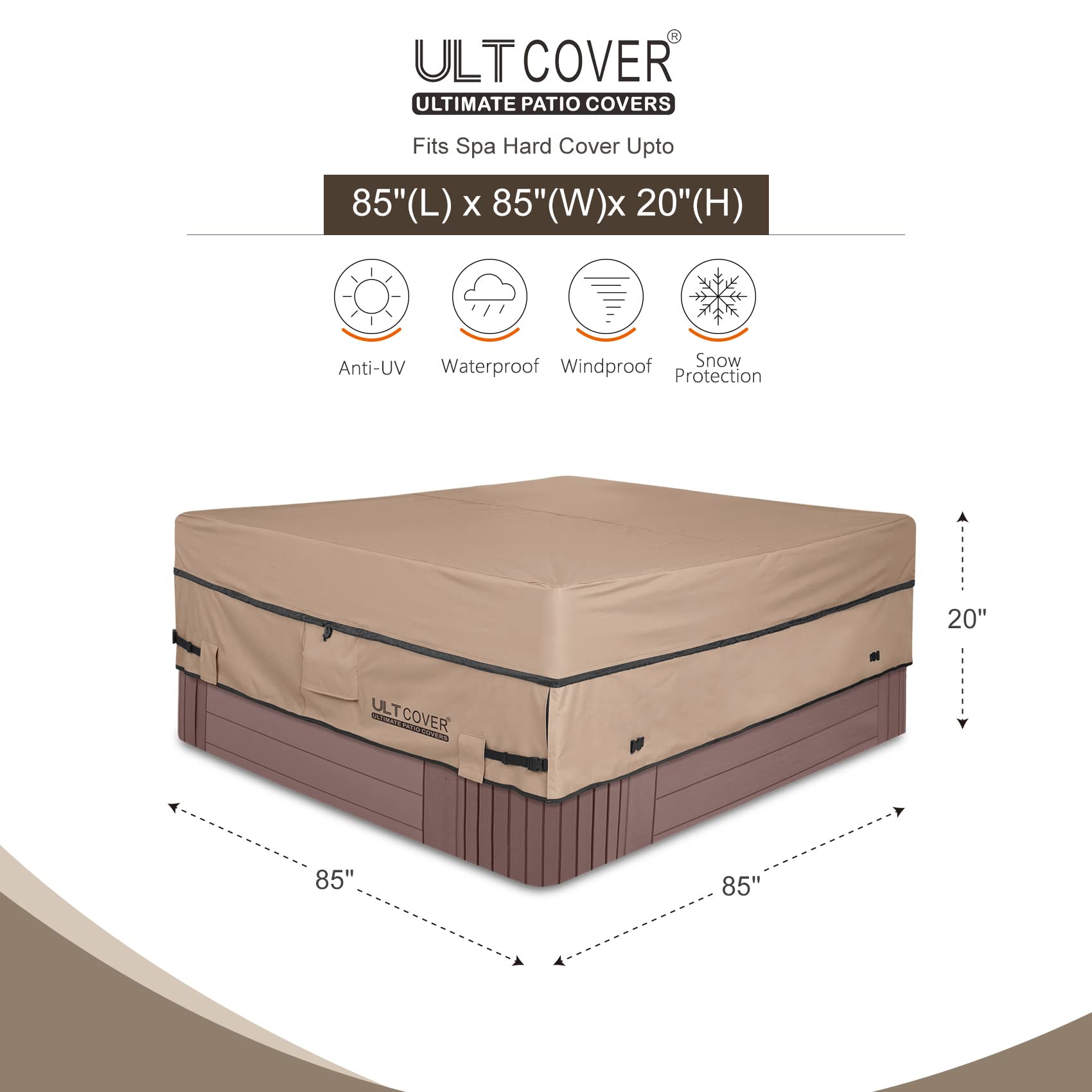 ULTCOVER Waterproof 600D Polyester Square Hot Tub Cover Outdoor SPA Covers 85 x 85 inch