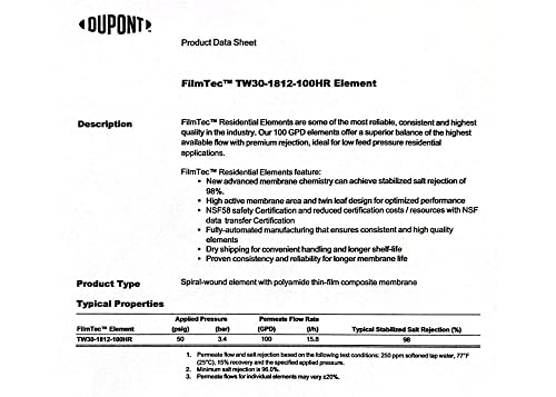 Dow FilmTec, TW30-1812-100HR 100 GPD TFC High Rejection Membrane for Undersink Reverse Osmosis (RO) System