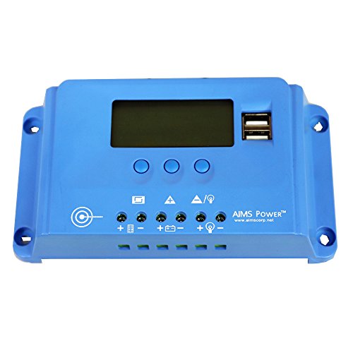 AIMS Power SCC10APWM Solar Charge Controller, 10A, Works with 12 and 24V Battery Systems, Dual USB Outlets, Adjustable Settings, LCD Displays, 3 Stage Charging, Industrial Grade Case