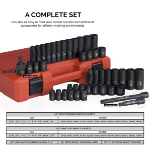 NEIKO 02440A 3/8-Inch-Drive Impact Socket Set, SAE Sizes 5/16" to 3/4" and Metric Sizes 8 mm to 19 mm, Includes Extension Bars and U-Joint, 44 Pieces