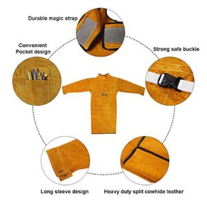 QEES Leather Welding Jackets 103CM Length Long Welding Apron, Flame Resistant Welder Clothes Coat with Sleeves, Wear-resistant Anti-scald Welding Cape for Most Men WQ23