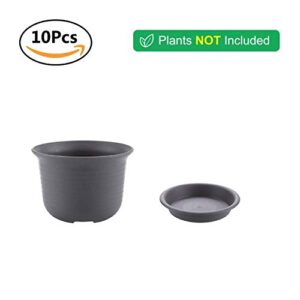 T4U 4.25 Inch Plastic Planter Pots with Saucer Brown Set of 10, Seeding Nursery Planter Pot with Drainage and Tray for Flowers Herbs African Violets Succulents Orchid Cactus Indoor Outdoor