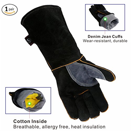 KIM YUAN Extreme Heat & Fire Resistant Gloves Leather with Kevlar Stitching,Mitts Perfect for Fireplace, Stove, Oven, Grill, Welding, BBQ, Mig, Pot Holder, Animal Handling