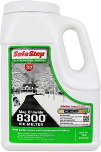 safe step mag chloride ice melter 8300 maximum strength melting power, environmentally safe, non-corrosive safe for concrete sidewalks, driveway pavement- 8 pound jug.