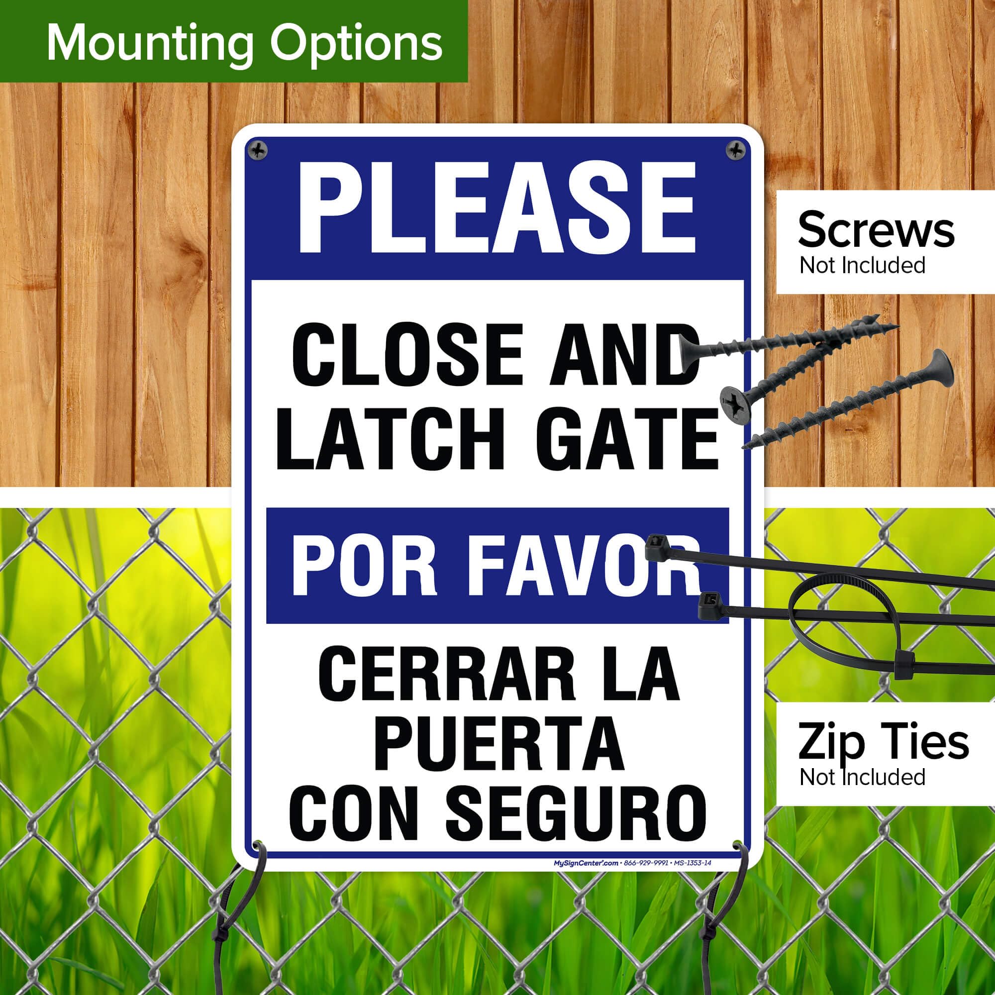 Please Close and Latch Gate Sign, Bilingual English and Spanish, 10x14 Inches, Rust Free .040 Aluminum, Fade Resistant, Made in USA by My Sign Center