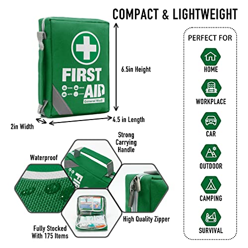 First Aid Kit -Compact First Aid Bag(175 Piece) - Includes 2 x Eyewash,Instant Cold Pack,Emergency Blanket for Home, Office, Vehicle,Camping, Workplace & Outdoor Green