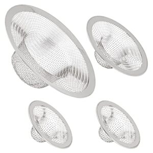 juvale 4-pack mesh sink strainer for kitchen, stainless steel drain screen stoppers for bathroom, basket for bathtub hair, wire filter drain catcher (3 assorted sizes)