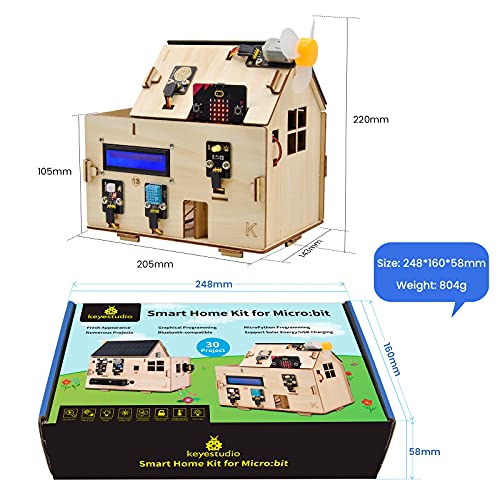 KEYESTUDIO Microbit Smart Home Starter Kit for BBC Micro:bit V2 (Without Micro:bit), MakeCode Blocks & Python Code|Tutorial Guide|Remote Control APP| Solar & Micro USB Charge|RGB, LCD for Kids Coding