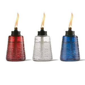 tiki, brand molded glass, decorative table top torch for outdoor lawn, patio, and garden white & blue (set of 3), 1117213, red, white and blue