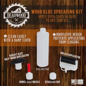 DCT Wood Glue Spreading Woodworking Kit – 8 oz Ounce Bottle, Roller Applicator, Dowel Hole Nozzle, Biscuit Slot Tip