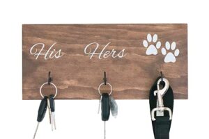 wall mounted his hers and paws leash and key holder, dog lover gift for women, 12 inch by 5.5 inch
