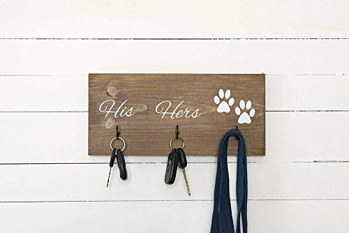 Wall Mounted His Hers and Paws Leash and Key Holder, Dog Lover Gift for Women, 12 inch by 5.5 inch