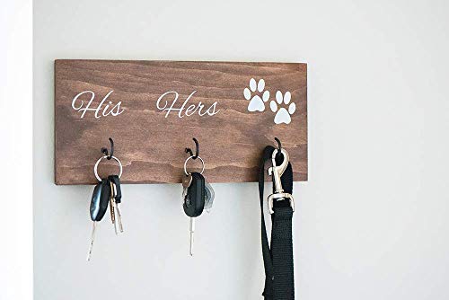 Wall Mounted His Hers and Paws Leash and Key Holder, Dog Lover Gift for Women, 12 inch by 5.5 inch