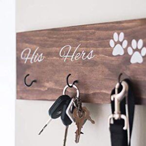 Wall Mounted His Hers and Paws Leash and Key Holder, Dog Lover Gift for Women, 12 inch by 5.5 inch