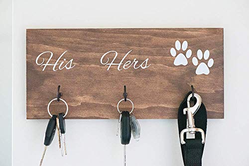 Wall Mounted His Hers and Paws Leash and Key Holder, Dog Lover Gift for Women, 12 inch by 5.5 inch