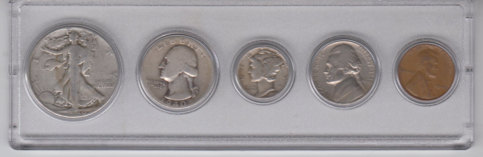 1940 Birth Year Coin Set (5) Coins - Silver Half dollar, Silver Quarter, Silver Dime, Nickel, and Cent All Dated 1940 and Encased in Plastic Display Case Very Good Circulated Condition
