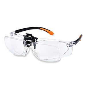 carson scratch resistant polycarbonate 1.5x power (+2.5 diopter) protective magnifying safety glasses with clip-on, flip-up lens system, clear (vm-20)