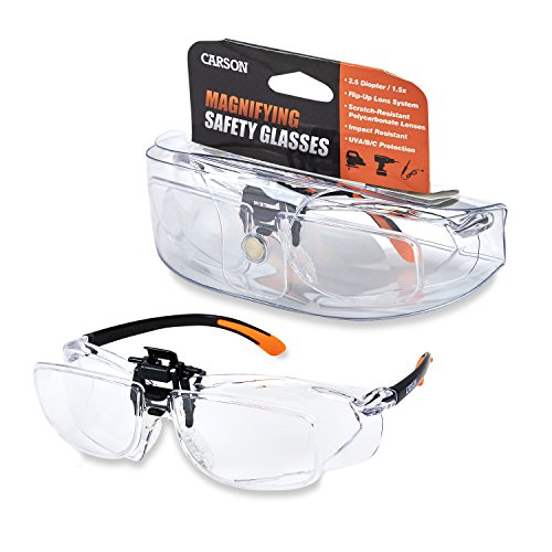 Carson Scratch Resistant Polycarbonate 1.5x Power (+2.5 Diopter) Protective Magnifying Safety Glasses with Clip-on, Flip-Up Lens System, Clear (VM-20)