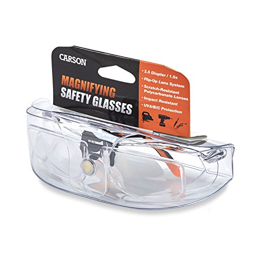 Carson Scratch Resistant Polycarbonate 1.5x Power (+2.5 Diopter) Protective Magnifying Safety Glasses with Clip-on, Flip-Up Lens System, Clear (VM-20)