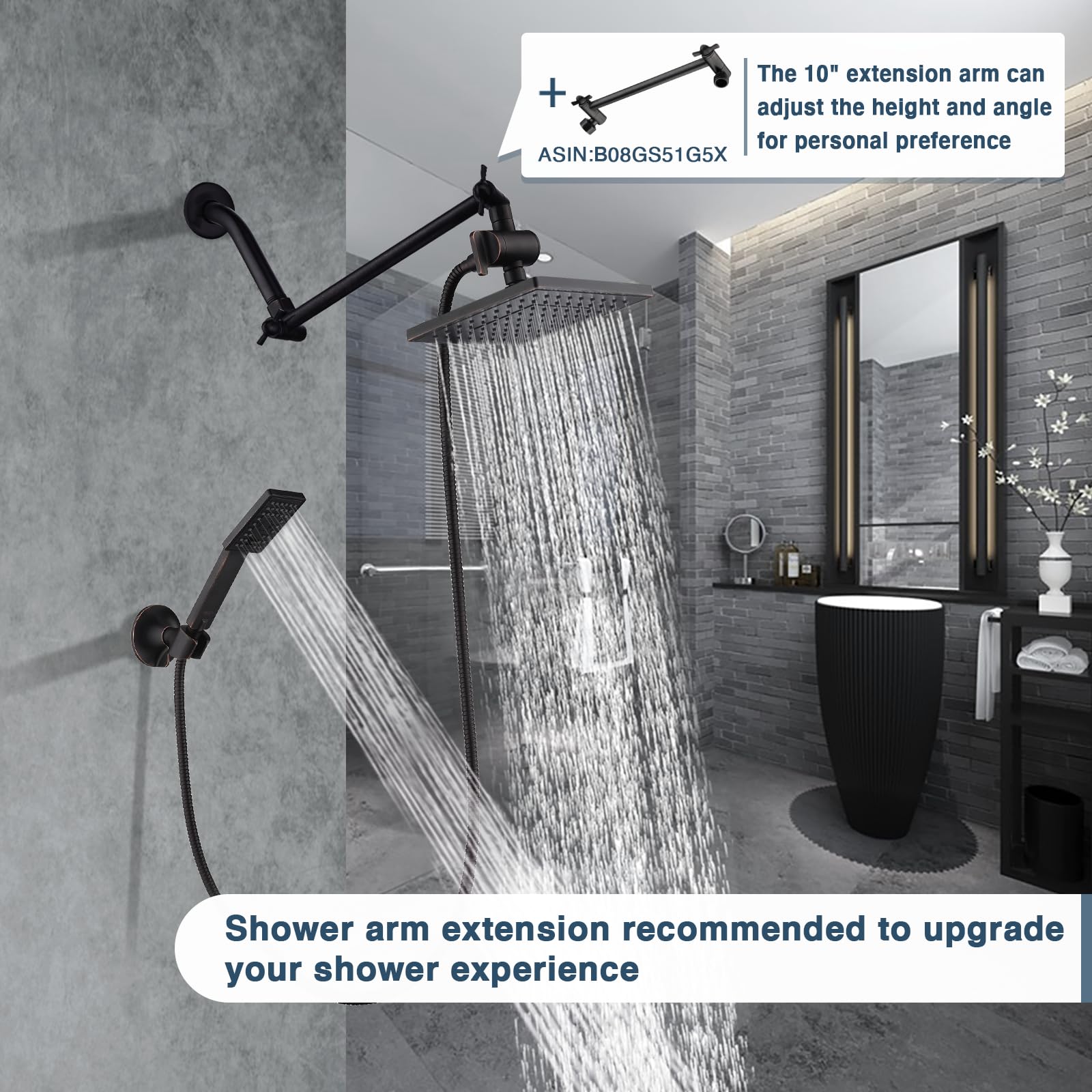 BRIGHT SHOWERS Rain Shower Head with Handheld Spray 5 ft. Shower Hose Combo Includes Wall Mount Suction Bracket 3-Way Water Diverter Mount (8 Inch Square, Oil Rubbed Bronze)