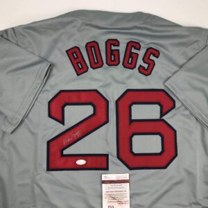 autographed/signed wade boggs boston grey baseball jersey jsa coa