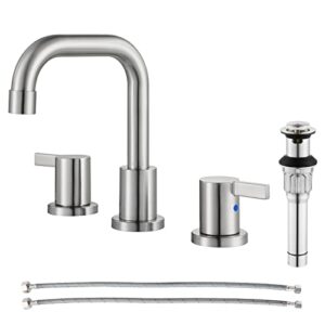 parlos two-handle widespread bathroom faucet with metal pop-up drain assembly and cupc faucet supply lines, brushed nickel, 13649