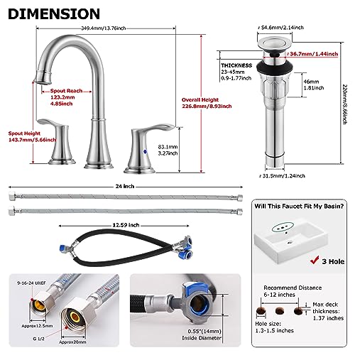 PARLOS Widespread Double Handles Bathroom Faucet with Metal Pop Up Drain and cUPC Faucet Supply Lines, Brushed Nickel, Demeter 13651