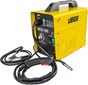 jegs mig 100 gasless welder - 110v ac - 20 amps of input current - mig welder includes hand-held mask, wire brush, spool of wire, welding torch and one-year warranty - simple controls and operation