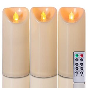 homemory 3"x 7" outdoor waterproof flameless candles with timers and remote control, battery operated candles, led plastic candles, ivory, set of 3