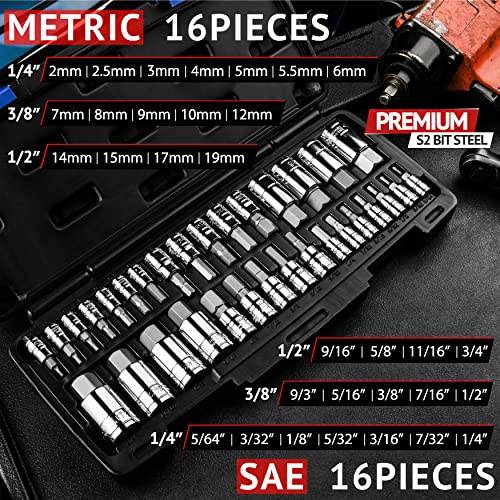 EPAuto 32 PCs Hex Bit Socket Set, SAE and Metric, S2 & Cr-V Steel