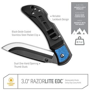 OUTDOOR EDGE 3.0" RazorLite EDC Knife. Pocket Knife with Replaceable Blades and Clip. Hunting Knife for Skinning Deer. Blue with 4 Blades