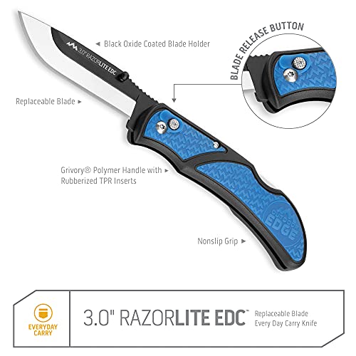 OUTDOOR EDGE 3.0" RazorLite EDC Knife. Pocket Knife with Replaceable Blades and Clip. Hunting Knife for Skinning Deer. Blue with 4 Blades
