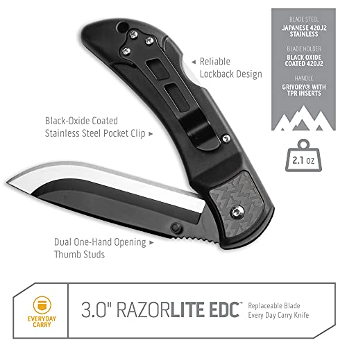 OUTDOOR EDGE 3.0" RazorLite EDC Knife. Pocket Knife with Replaceable Blades and Clip. Hunting Knife for Skinning Deer. Gray with 4 Blades