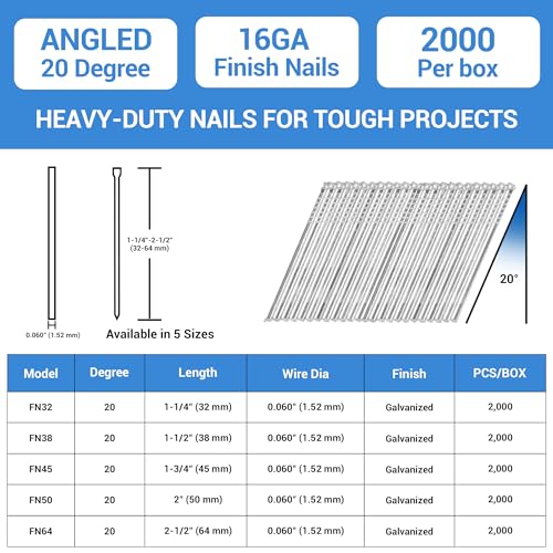 meite 16 Gauge Angled Finish Nails 2-Inch 20-Degree Galvanized Finishing Nails for Electric or Pneumatic Nailer Guns - Perfect for Window Trim, Cabinet Building and Other DIY Projects (2,000 PCS)